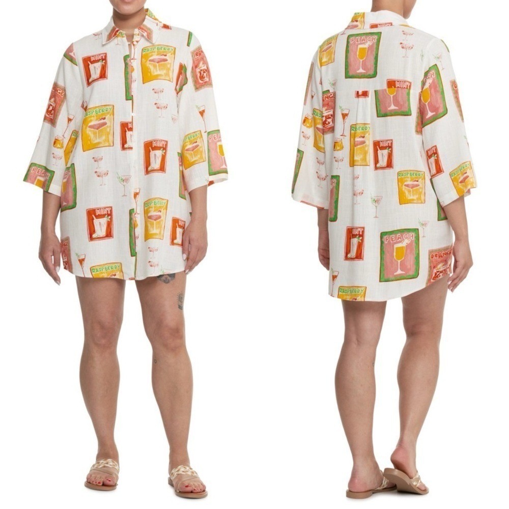 Label of Love Cocktail Print‎ Shirt White Linen Blend Oversized Graphic S - Picture 6 of 10